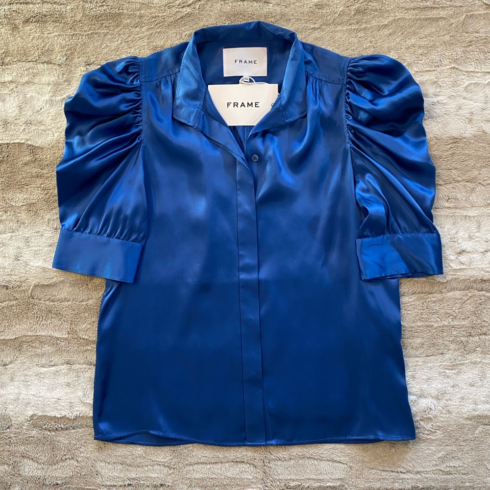 NWT💝FRAME Gillian Silk Collared Puff-Sleeve Top in Slate Blue Size S - Picture 5 of 16